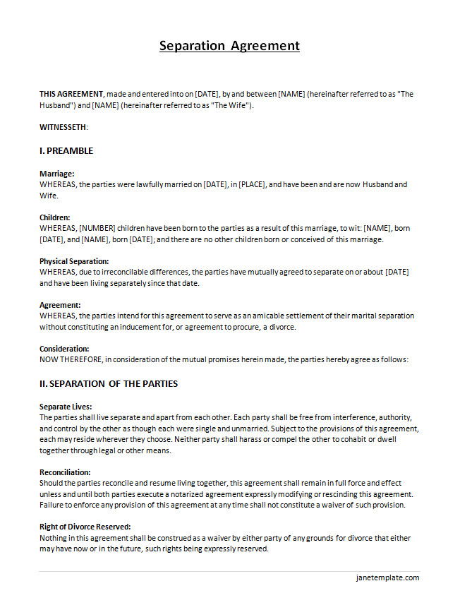 Marital Separation Agreement Template with Sections for Asset Division and Custody Arrangements