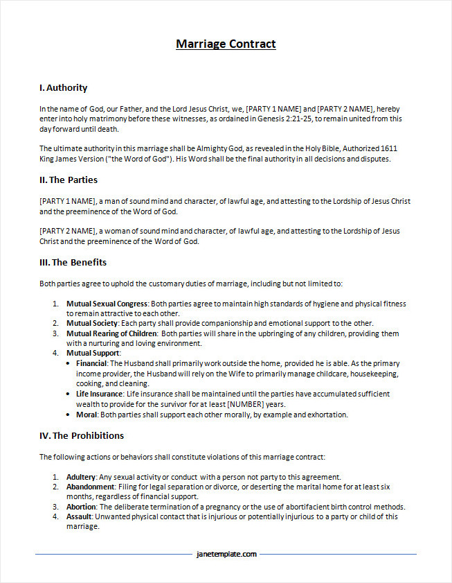 Editable marriage contract template for documenting and agreeing on marital conditions.