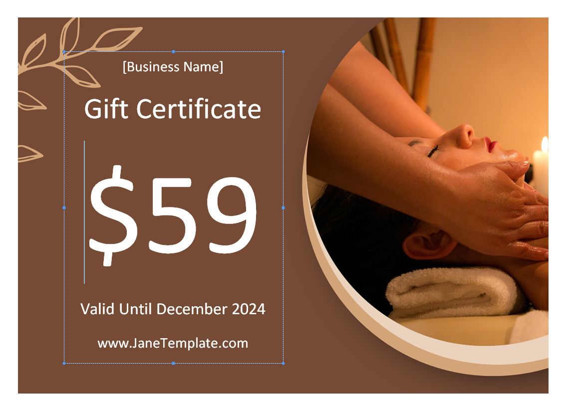 Professional massage gift certificate template in a minimalist style, perfect for wellness centers and spas, with soothing images and ample space for personalization.