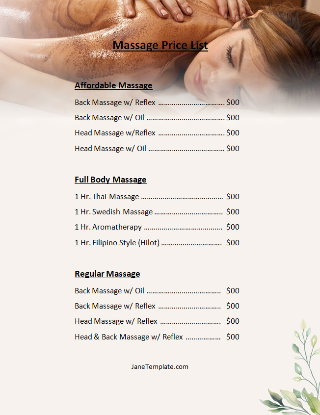 Detailed massage price list template with categories for different massage services and pricing.