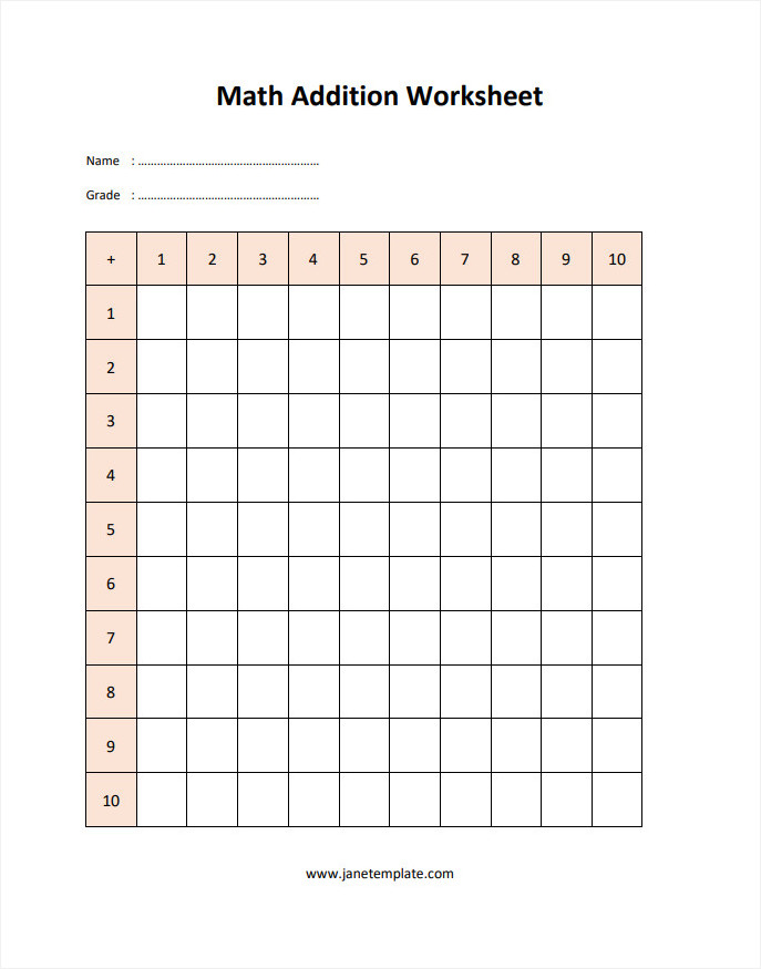 Sample Printable Blank Math Addition Worksheet Template