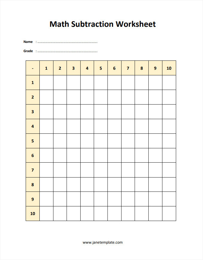 Sample Printable Blank Math Subtraction Worksheet Template in Word and PDF Format.