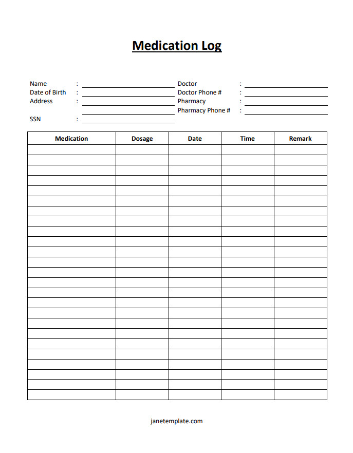 Organized medication log template displaying patient information, list of medications, scheduled times, and notes for each administration.