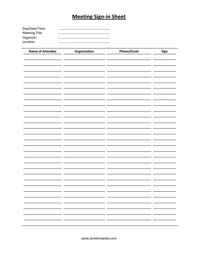 Professional sign-in sheet template featuring space for meeting title, date, and attendee signatures.