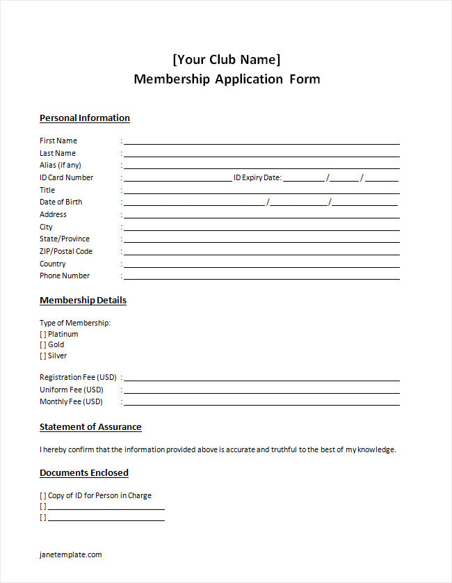 Membership application form with fields for personal information, membership type, and payment details.