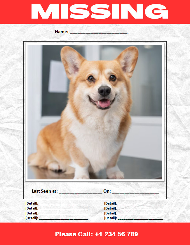 Printable missing dog poster template with customizable details.