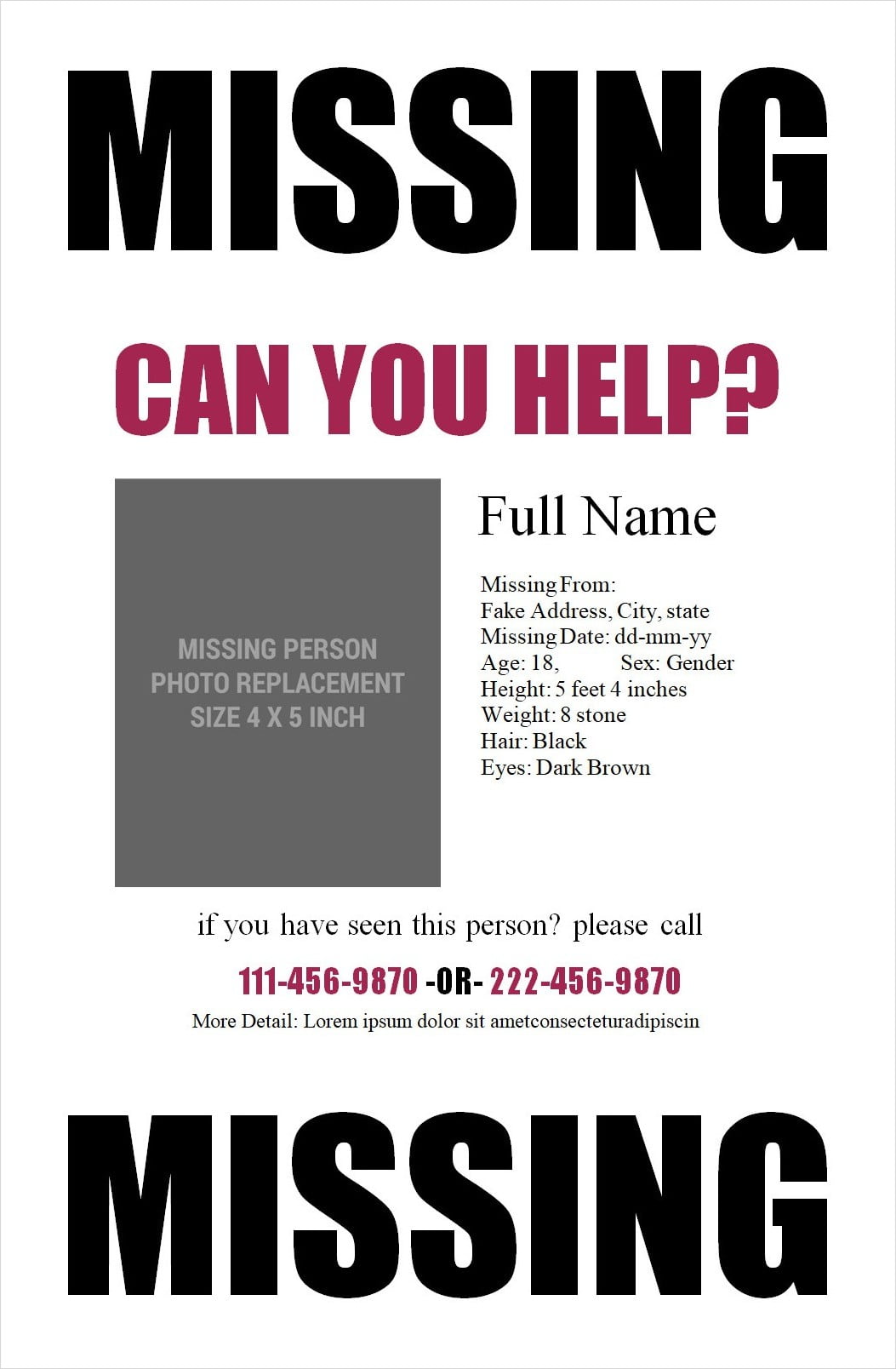 Missing Person Flyer Template Word