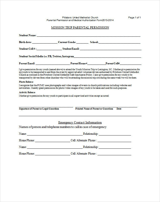 Mission Trip Permission Slip Template