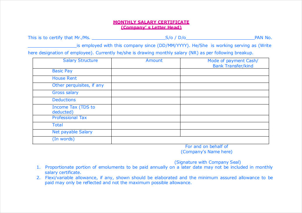 Monthly Salary Certificate Template