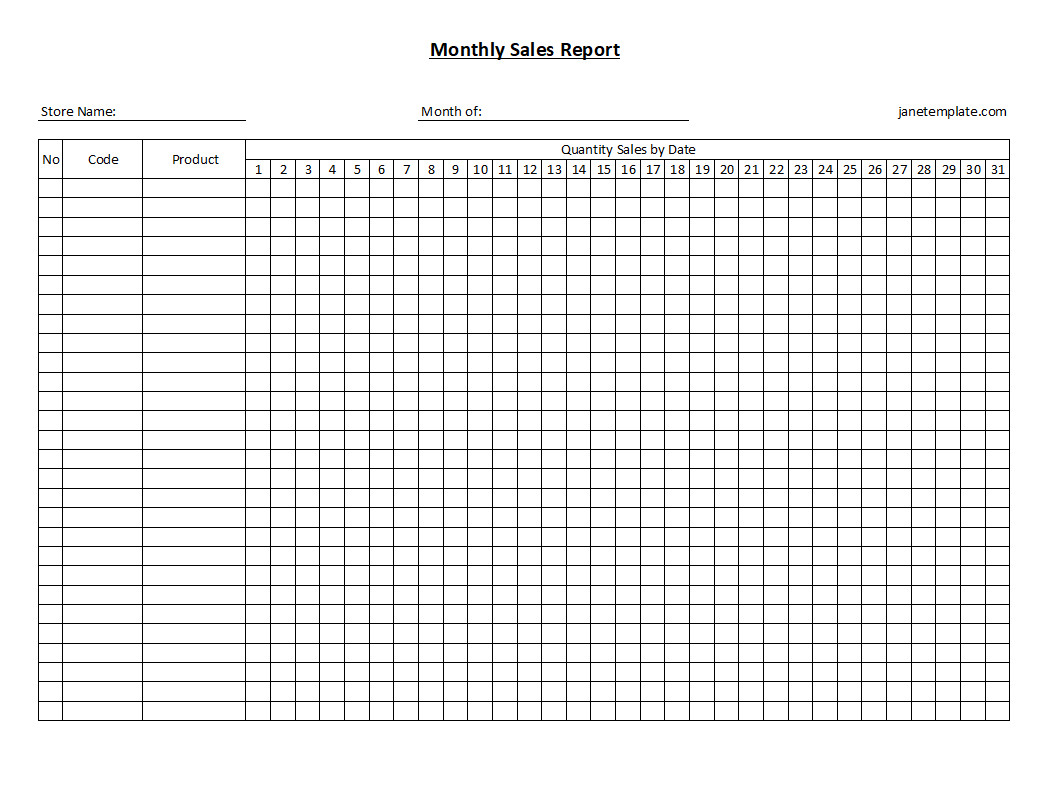 Detailed monthly sales report template with columns for product names and units sold.