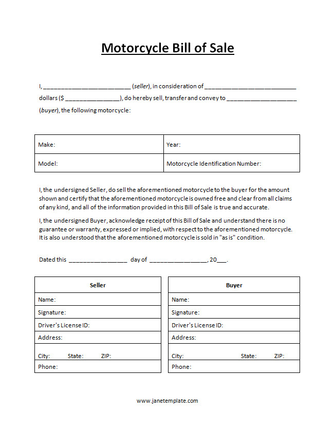 Professional Motorcycle Bill of Sale Template with sections for buyer and seller information, vehicle details, and sale price