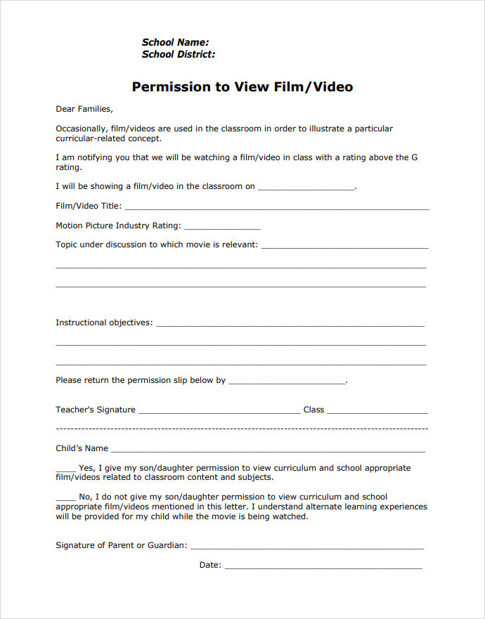 Movie Permission Slip Template