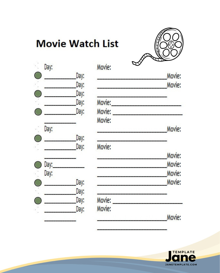 Sample Printable Blank Movie Watch List Template in Word and PDF Format.