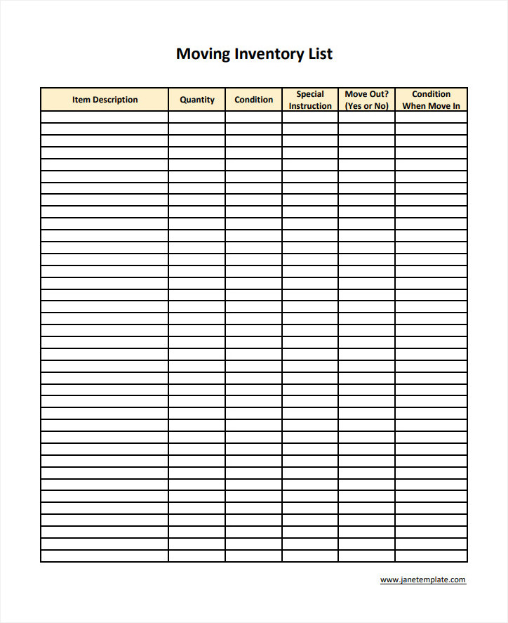 Sample Printable Blank Moving Inventory List Template