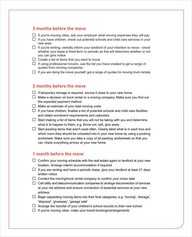Moving Schedule Checklist Template