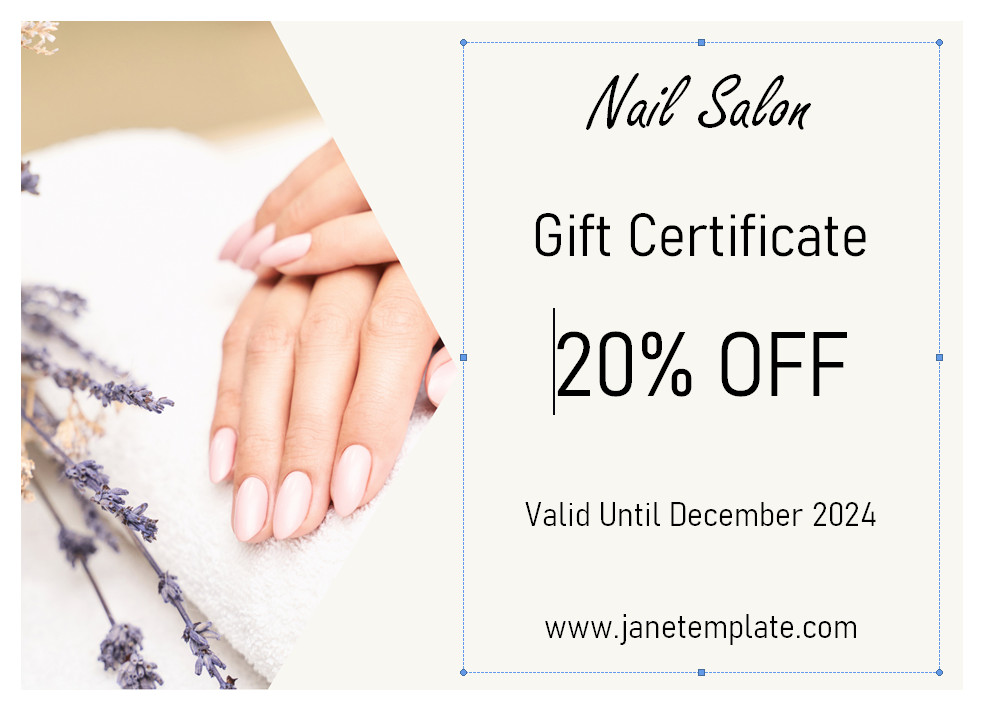 Modern nail salon gift certificate template showcasing a stylish layout with images of manicured nails.