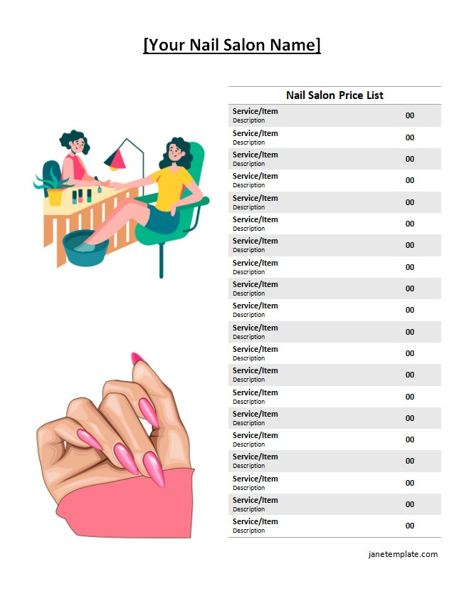 Detailed nail salon price list template featuring sections for various services and corresponding prices.