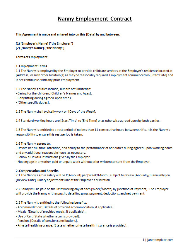 Blank nanny contract template featuring fields for caregiver responsibilities, child care guidelines, and payment terms.