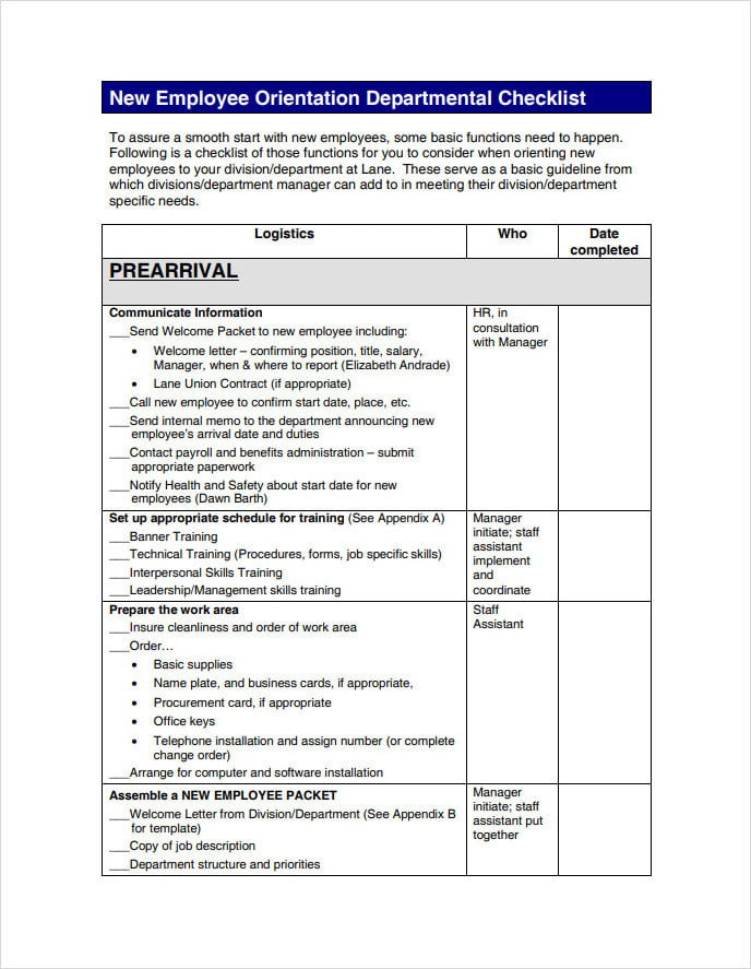 New Employee Orientation Departmental Checklist Template