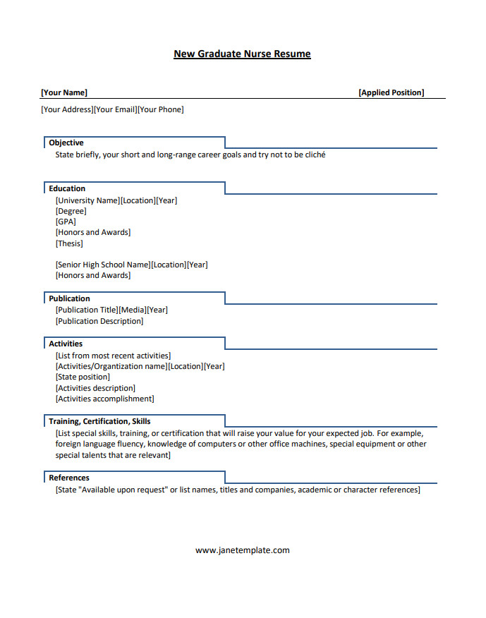 Professional new graduate nurse resume template featuring personal details, academic background, internships, and skills.