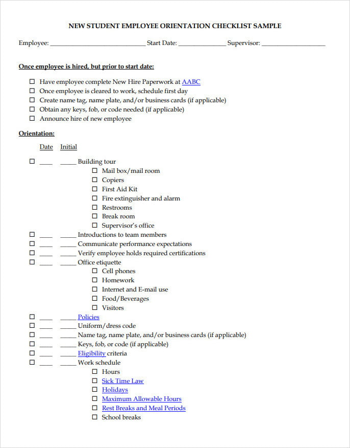 New Student Employee Orientation Checklist Template