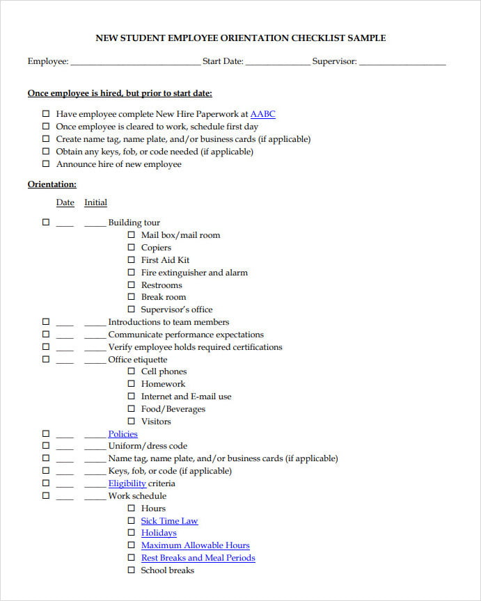 New Student Employee Orientation Checklist Sample