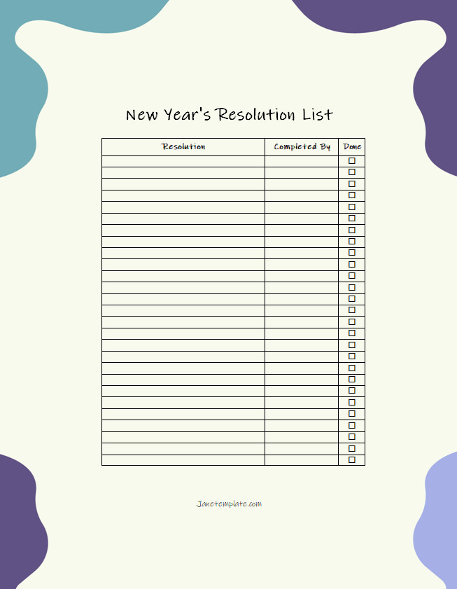 Printable New Year's Resolution List Template featuring a clean design with fields for specific resolutions