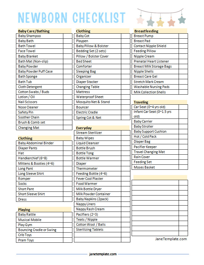 Printable newborn checklist template featuring fields for tracking clothing, feeding supplies, and diapering needs.