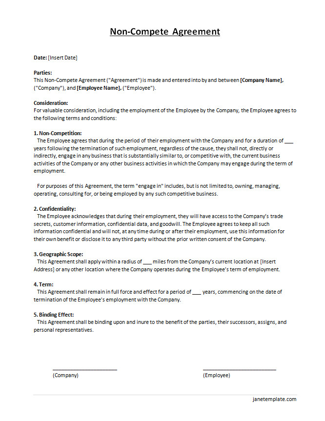 Non-compete agreement template with sections for employee details, restricted activities, and duration of the agreement.