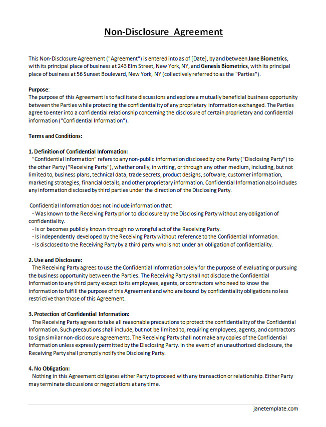 Sample non-disclosure agreement template with sections for confidentiality terms.