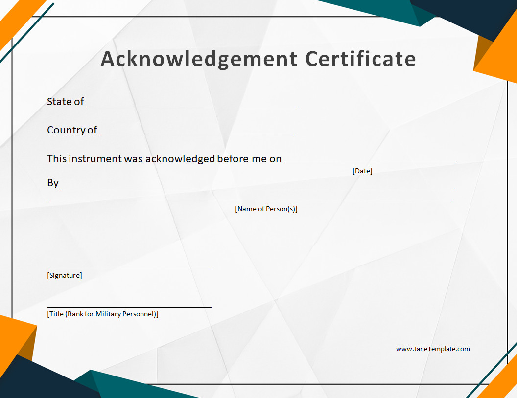 Printable Notary Acknowledgement Certificate Template featuring a professional design and space for notary seal and signature