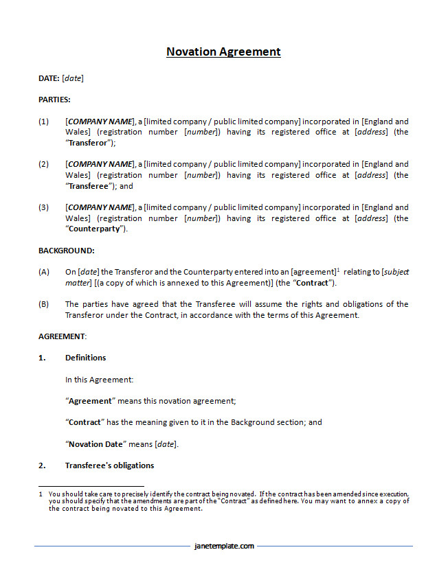 Comprehensive novation agreement template with sections for party details, obligations transfer, and consent clauses.