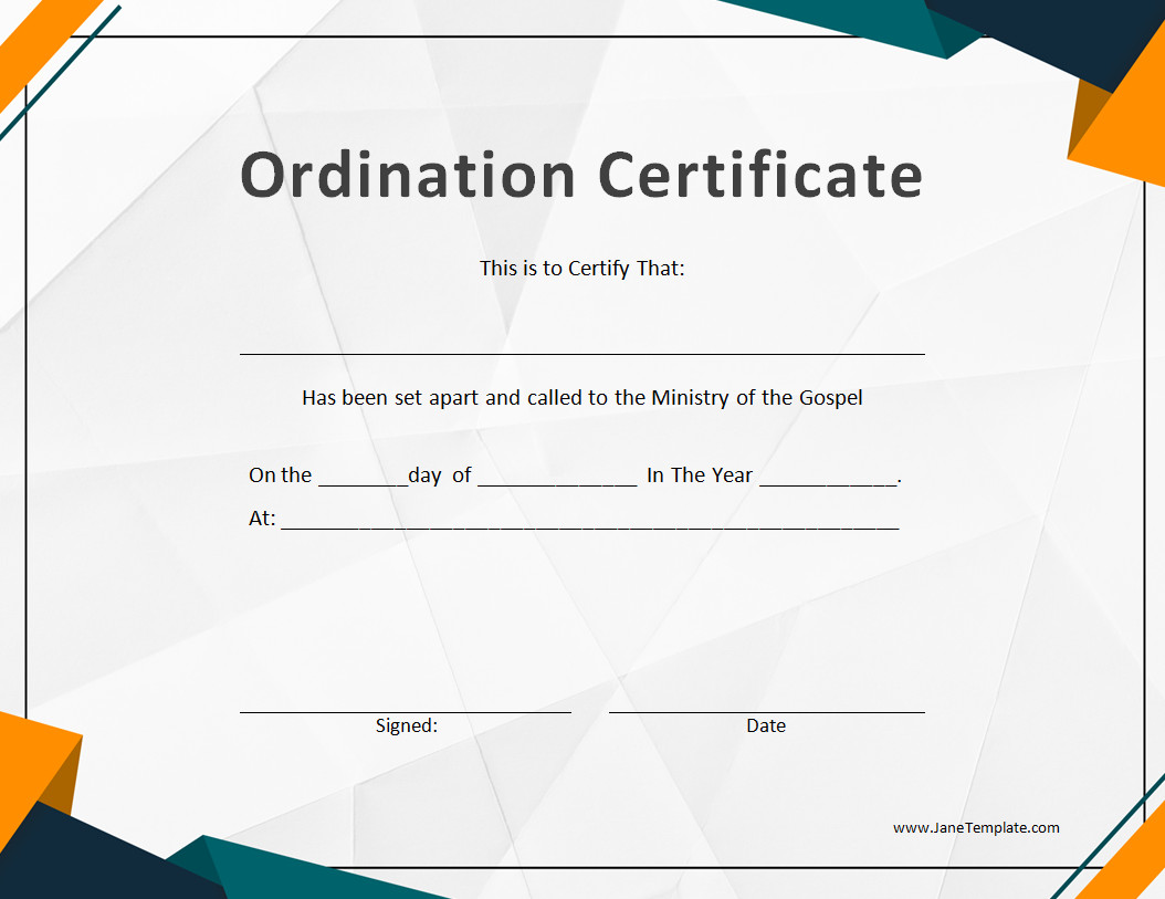 Printable Ordination Certificate Template featuring a formal design and customizable fields for ordination date and officiant