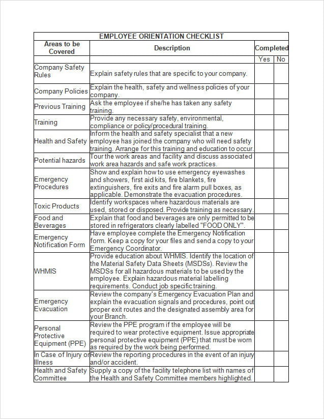 Orientation Checklist Template Word