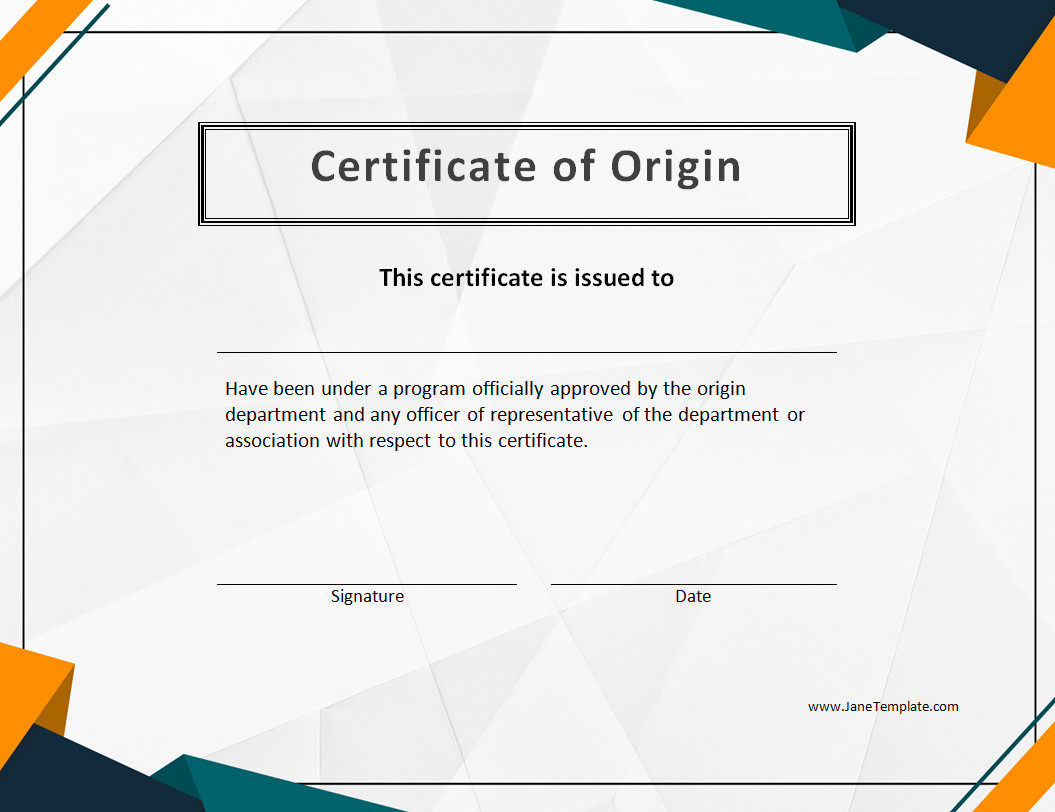 Printable Origin Certificate Template featuring a professional design with space for signatures.