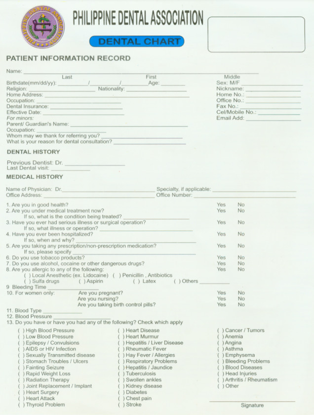 PDA Dental Chart Template