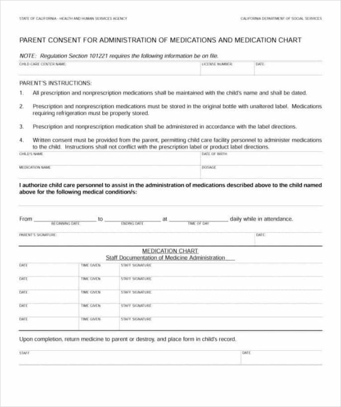 Parent Consent Form for Administration of Medications