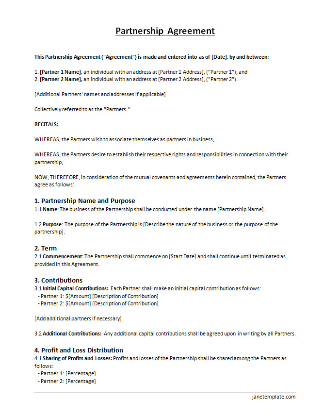 Partnership agreement template showing standard terms and clauses for business partners.