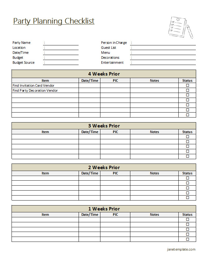 Comprehensive party planning checklist template with sections for guest list, venue details, and party supplies.