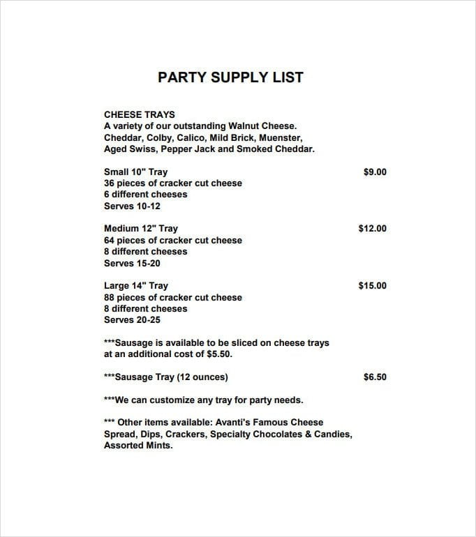 Party Supply List Template