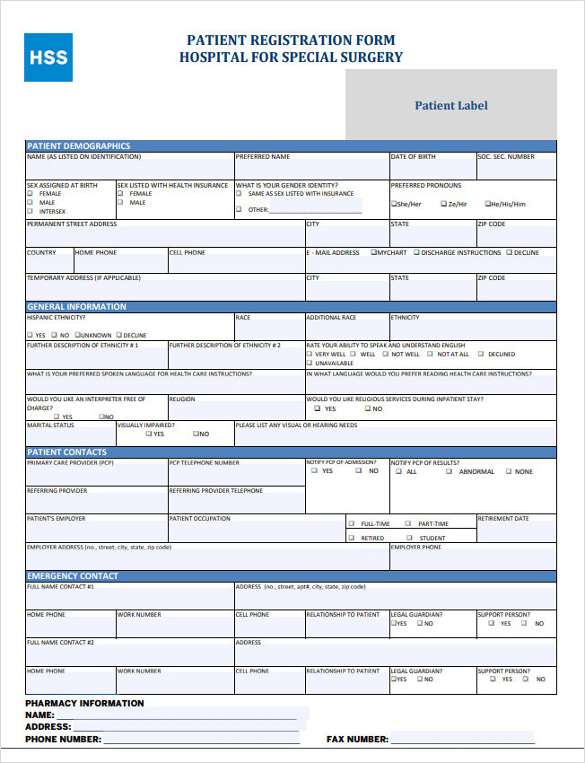 Patient Registration Form for Special Surgery