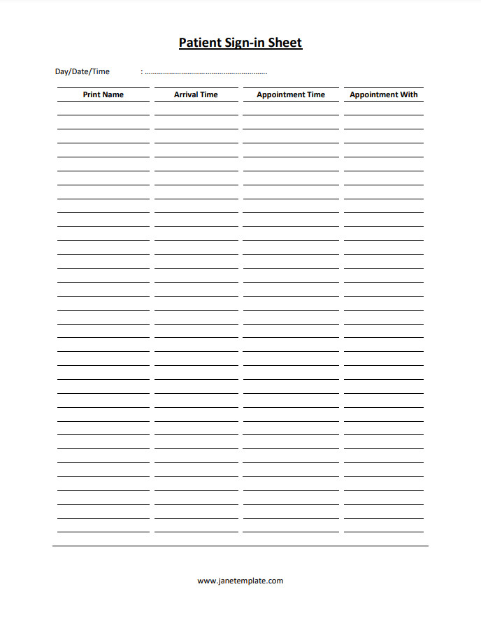 Customizable patient sign-in sheet template for healthcare facilities to record patient arrivals and check-in times.