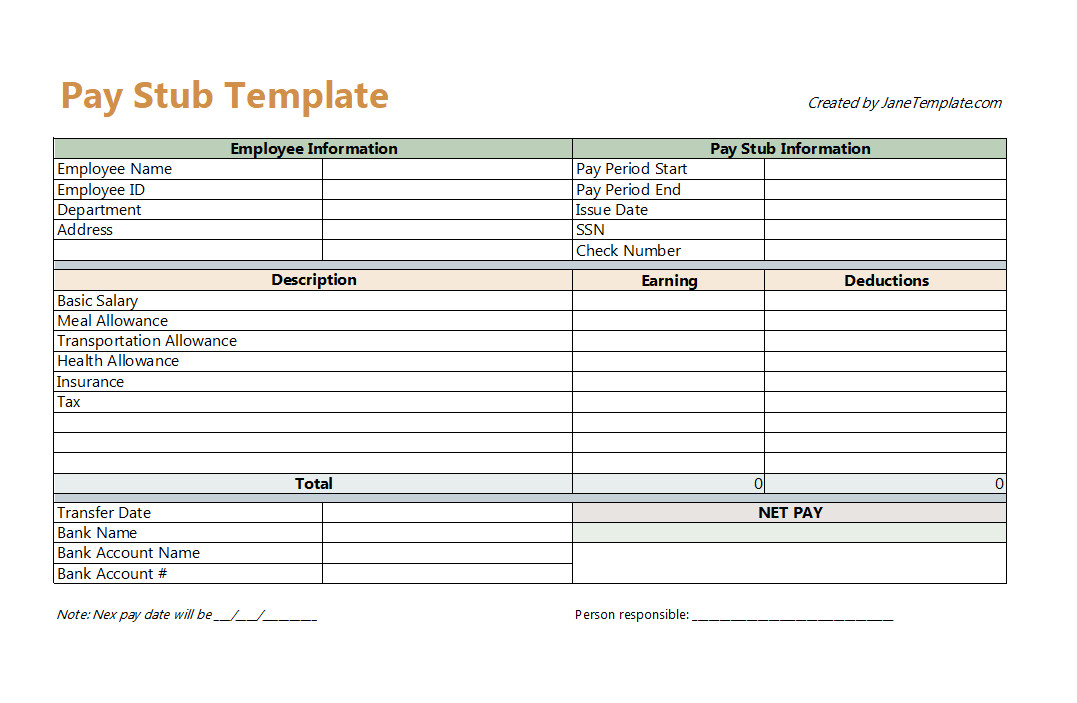 Pay stub template with sections for employee details, earnings, deductions, and net pay.