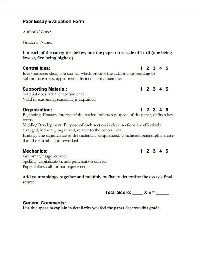 Peer Essay Evaluation Form