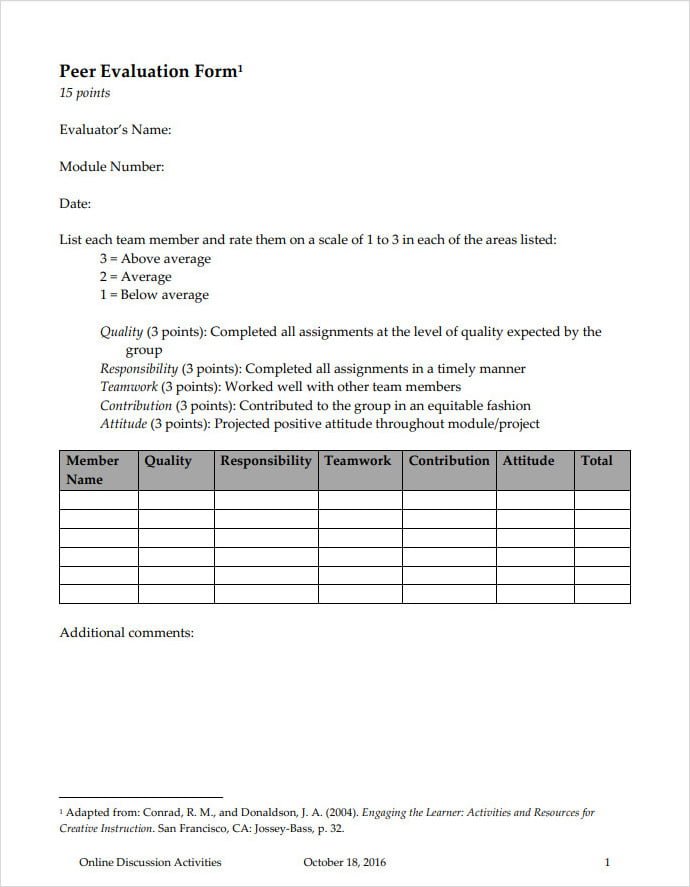 Peer Evaluation Form For Group Work