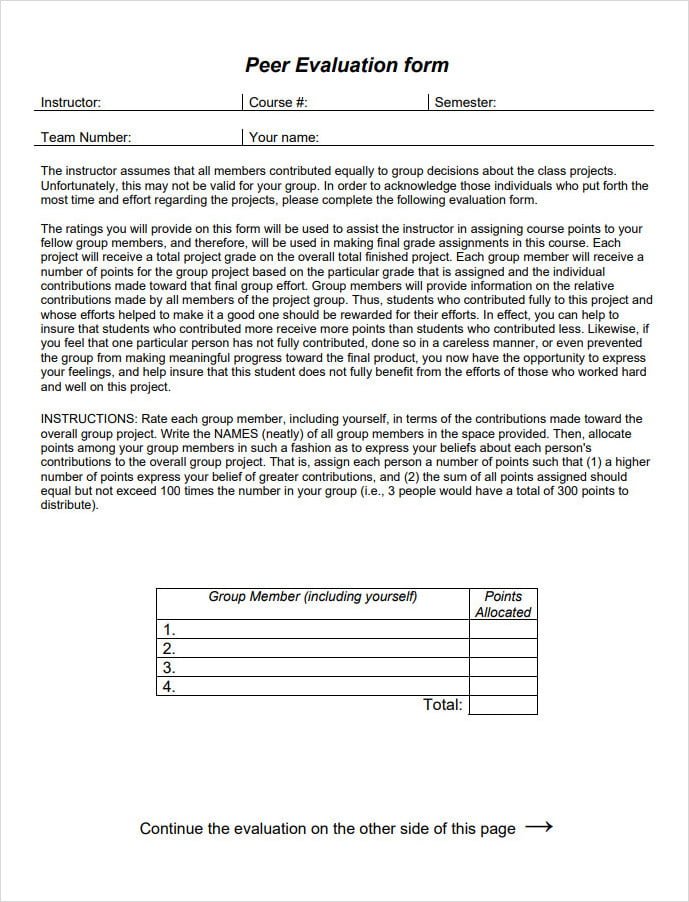 Peer Evaluation Form Sample