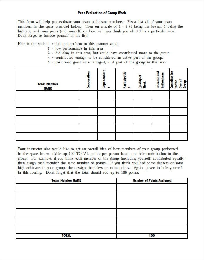 Peer Evaluation Form Work Group