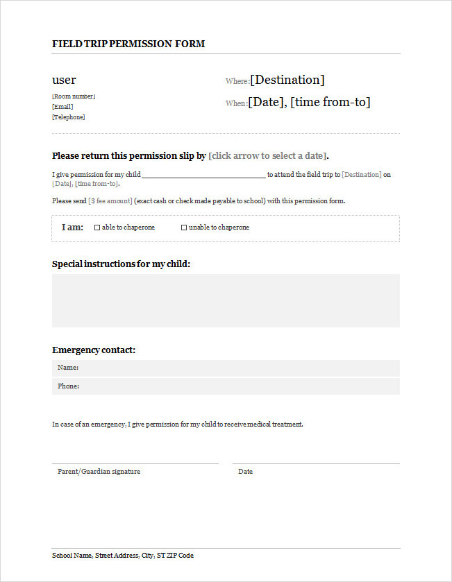 Permission Slip Template Field Trip