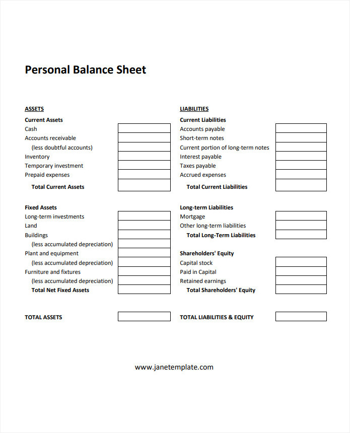 Sample Printable Blank Personal Balance Sheet Template