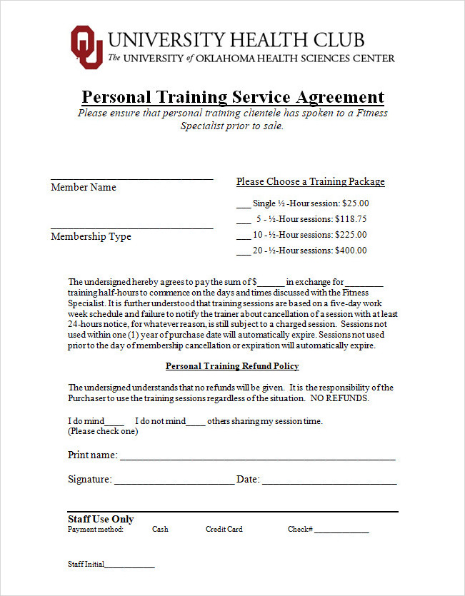 Personal Training Service Agreement Template